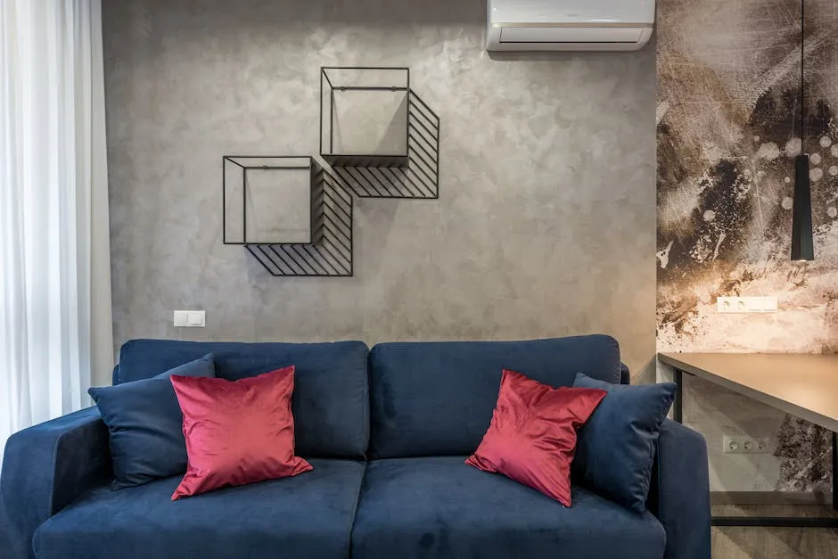 A navy velvet sofa with red and navy cushions against a grey plaster wall with two black wire shelves, beside an abstract mural